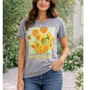 Women's Graphic T-Shirt Size Small Grey Orange Sunflowers Van Gogh Short Sleeves
